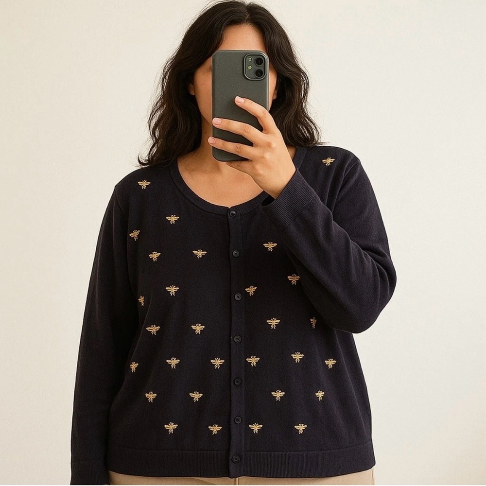 Charter Club women's navy blue bee collection embroidered cardigan Sz L